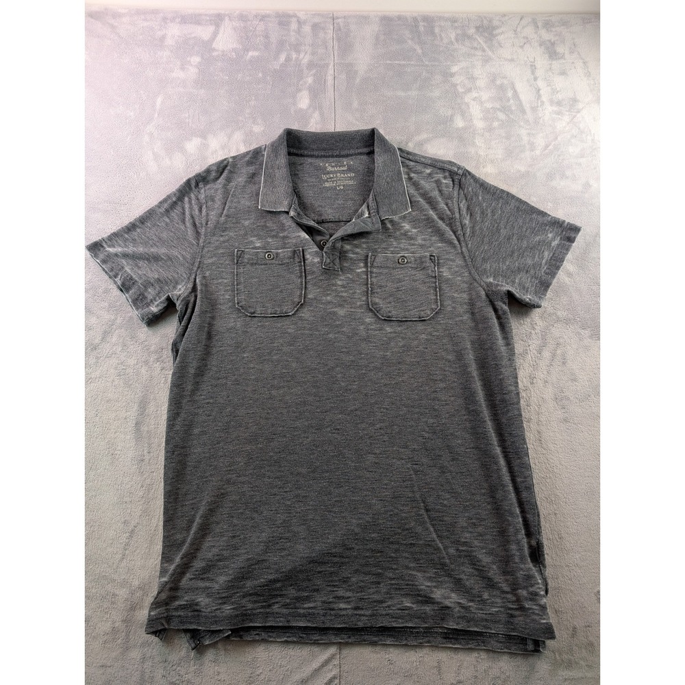 Lucky Brand Venice Burnout Polo Shirt Mens Large Gray Short Sleeve Dual Pocket
